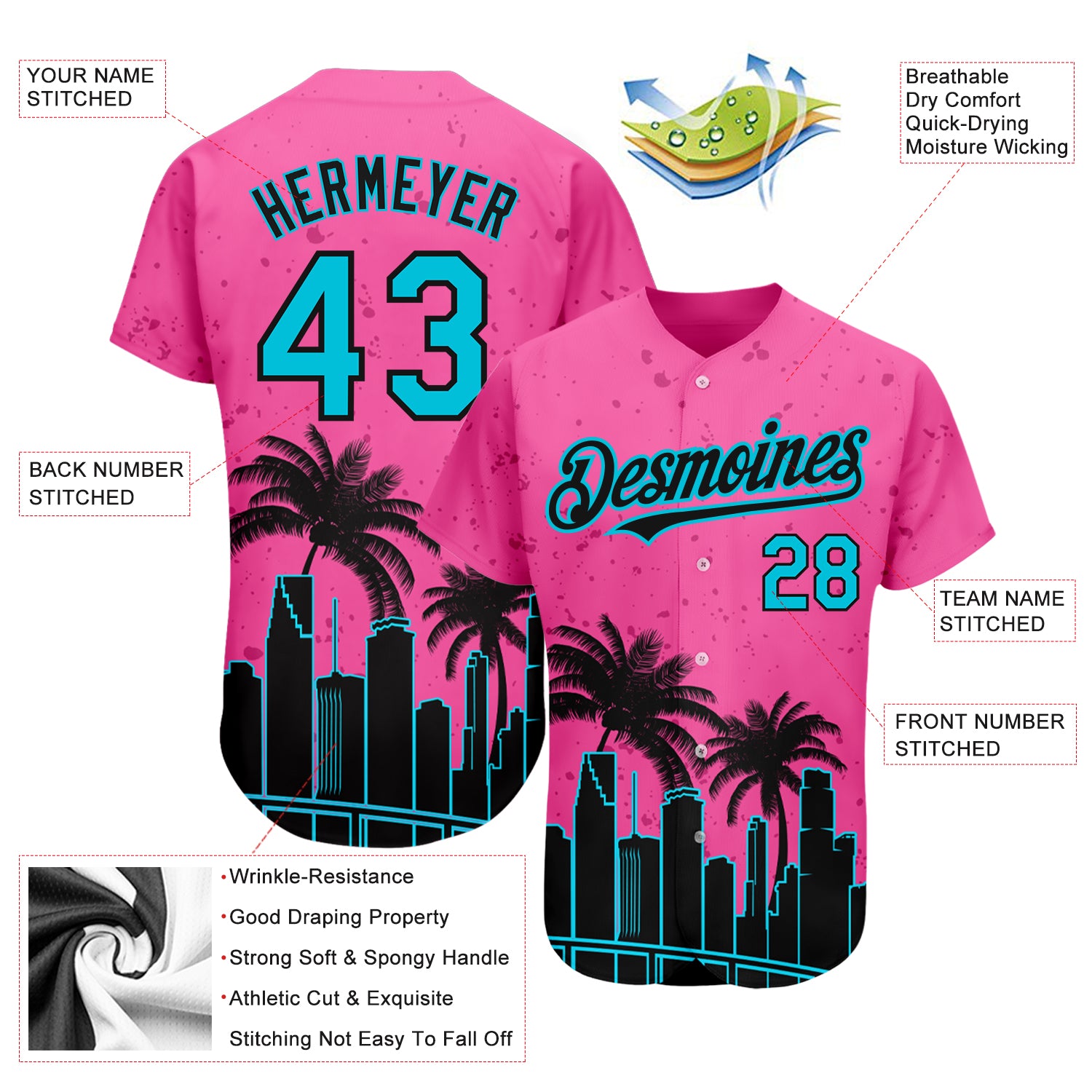 Custom Pink Lakes Blue-Black 3D Miami Palm Trees City Edition Authentic Baseball Jersey