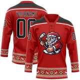 Custom Red Black-White Christmas Santa Claus 3D Hockey Lace Neck Jersey