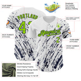 Custom White Neon Green-Navy 3D Pattern Design Abstract Splash Authentic Baseball Jersey