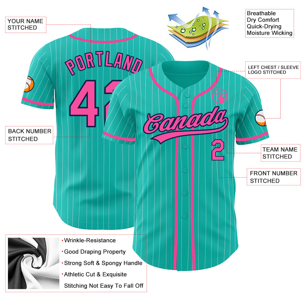Custom Aqua White Pinstripe Pink-Navy Authentic Baseball Jersey