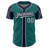 Custom Teal Gray-Navy 3 Colors Arm Shapes Authentic Baseball Jersey