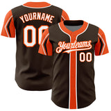 Custom Brown White-Orange 3 Colors Arm Shapes Authentic Baseball Jersey