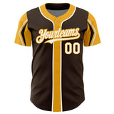Custom Brown White-Gold 3 Colors Arm Shapes Authentic Baseball Jersey