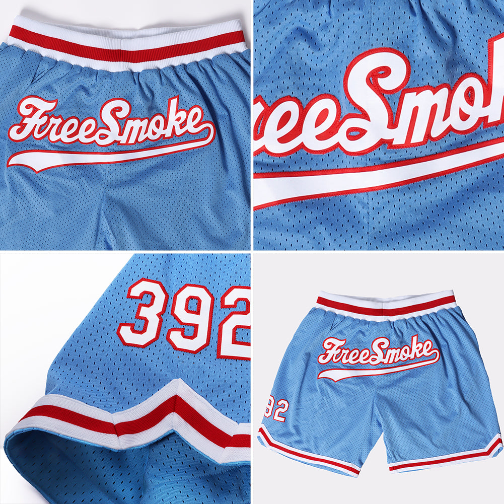 Custom Light Blue White-Red Authentic Throwback Basketball Shorts