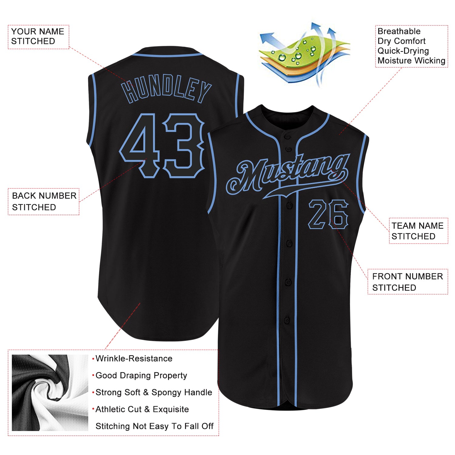 Custom Black Black-Light Blue Authentic Sleeveless Baseball Jersey