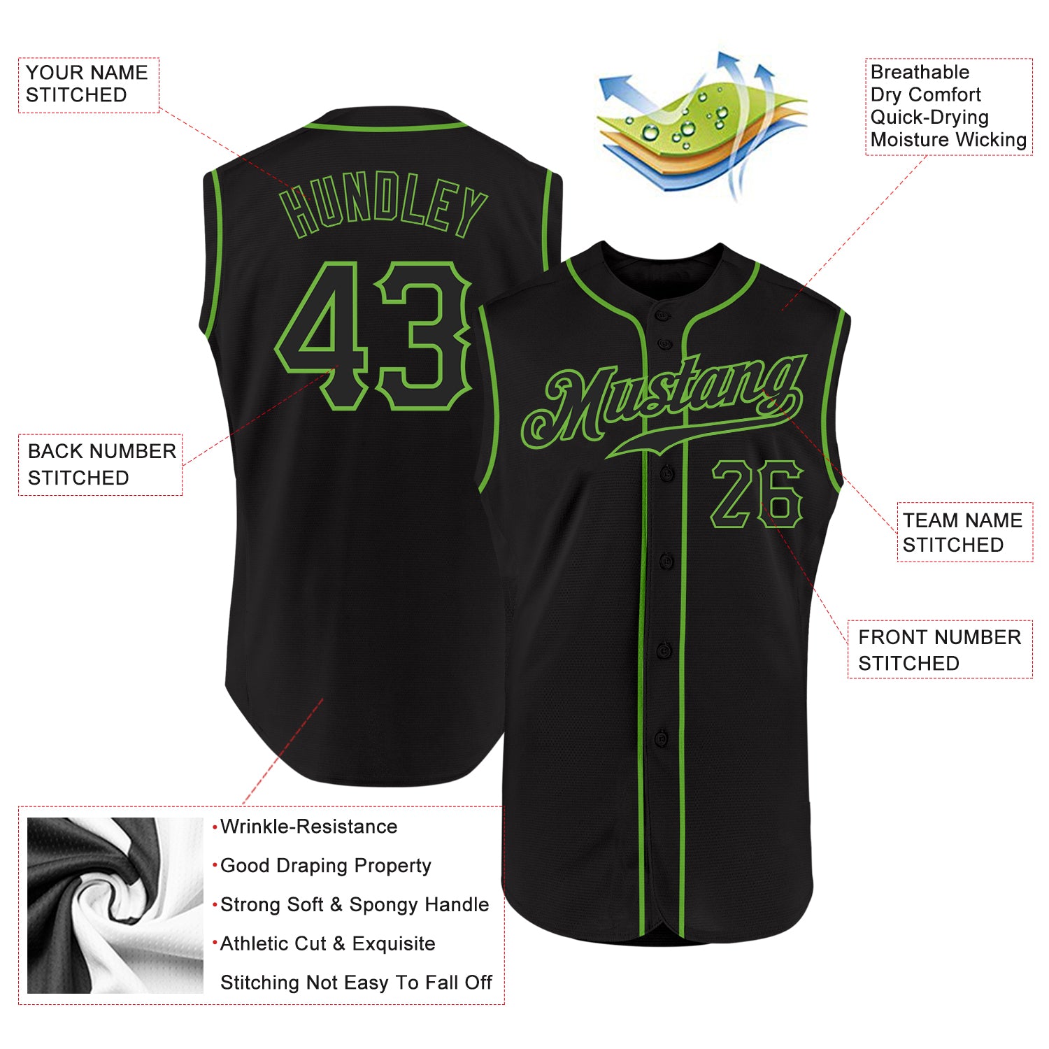 Custom Black Black-Neon Green Authentic Sleeveless Baseball Jersey