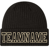 Custom Black Black-Cream Stitched Cuffed Knit Hat