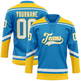 Custom Blue White-Yellow Hockey Lace Neck Jersey