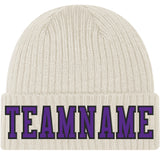 Custom Cream Purple-Black Stitched Cuffed Knit Hat