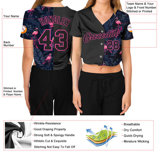 Custom Women's Black Black-Pink Flamingo 3D V-Neck Cropped Baseball Jersey