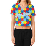 Custom Women's Autism Awareness Puzzle Pieces White-Light Blue 3D V-Neck Cropped Baseball Jersey