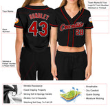 Custom Women's Black Red-White V-Neck Cropped Baseball Jersey