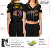 Custom Women's Black Purple-Gold V-Neck Cropped Baseball Jersey