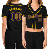 Custom Women's Black Purple-Gold V-Neck Cropped Baseball Jersey