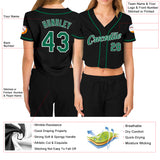 Custom Women's Black Kelly Green-White V-Neck Cropped Baseball Jersey