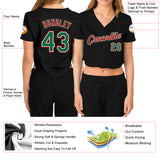 Custom Women's Black Kelly Green Red-White V-Neck Cropped Baseball Jersey