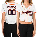Custom Women's White Navy-Orange V-Neck Cropped Baseball Jersey