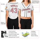 Custom Women's White Medium Pink-Black V-Neck Cropped Baseball Jersey