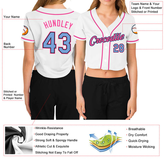 Custom Women's White Light Blue Black-Pink V-Neck Cropped Baseball Jersey