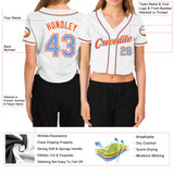 Custom Women's White Light Blue-Orange V-Neck Cropped Baseball Jersey