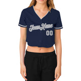 Custom Women's Navy Gray-White V-Neck Cropped Baseball Jersey