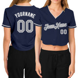 Custom Women's Navy Gray-White V-Neck Cropped Baseball Jersey