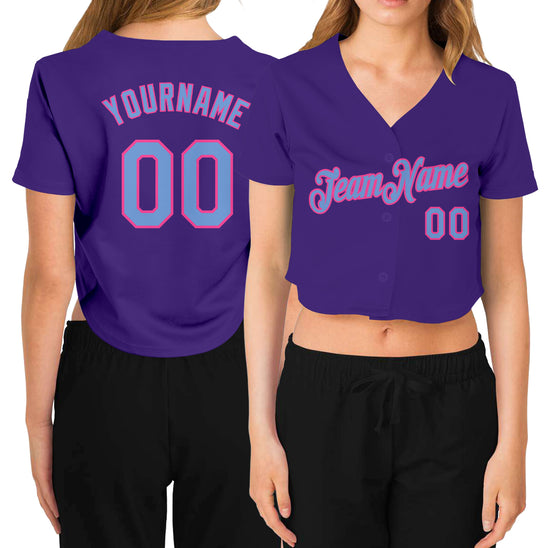 Custom Women's Purple Light Blue-Pink V-Neck Cropped Baseball Jersey