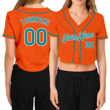 Custom Women's Orange Aqua-White V-Neck Cropped Baseball Jersey