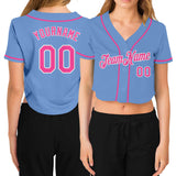 Custom Women's Light Blue Pink-White V-Neck Cropped Baseball Jersey