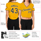 Custom Women's Gold Black-White V-Neck Cropped Baseball Jersey