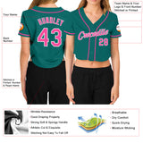 Custom Women's Aqua Pink-White V-Neck Cropped Baseball Jersey