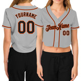 Custom Women's Gray Black-Orange V-Neck Cropped Baseball Jersey