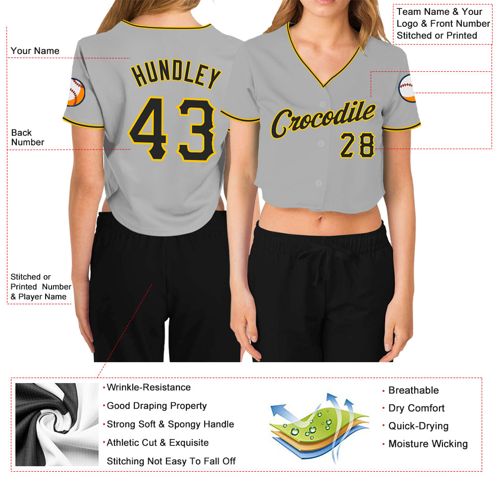 Custom Women's Gray Black-Gold V-Neck Cropped Baseball Jersey