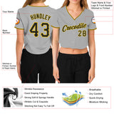 Custom Women's Gray Black-Gold V-Neck Cropped Baseball Jersey