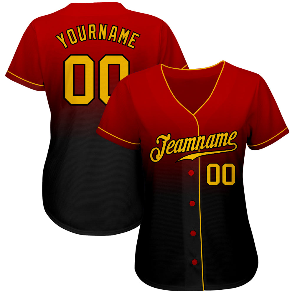 Custom Red Gold-Black Authentic Fade Fashion Baseball Jersey