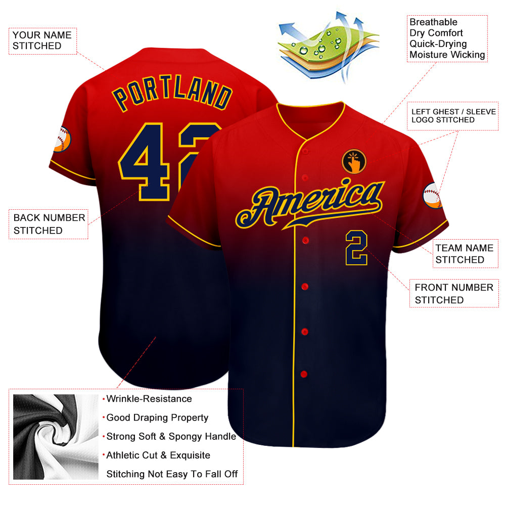 Custom Red Navy-Gold Authentic Fade Fashion Baseball Jersey