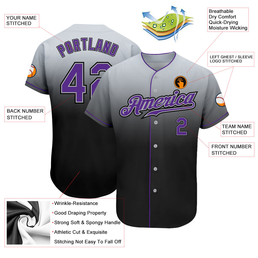 Custom Gray Purple-Black Authentic Fade Fashion Baseball Jersey
