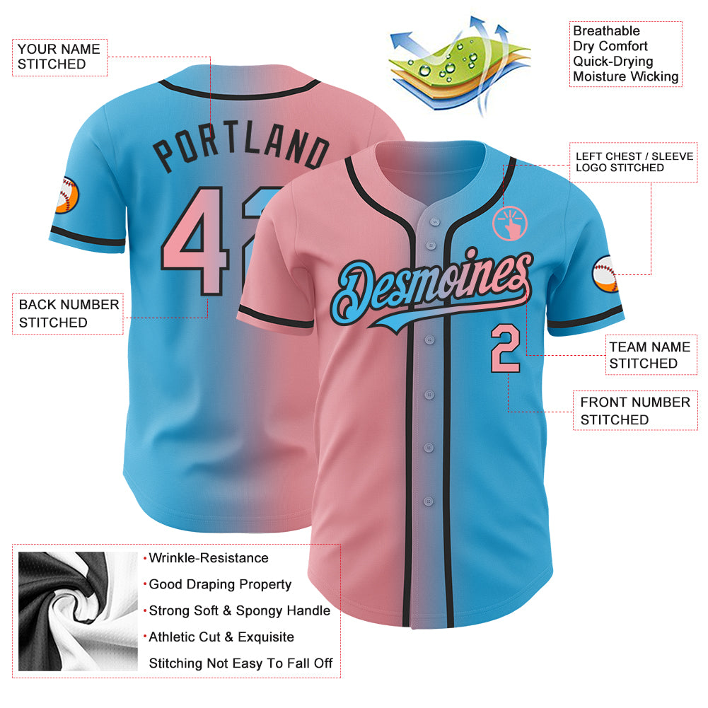 Custom Sky Blue Medium Pink-Black Authentic Gradient Fashion Baseball Jersey