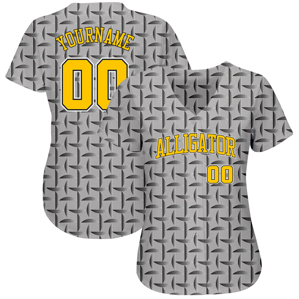 Custom Gray Gold-Black 3D Pattern Design Authentic Baseball Jersey