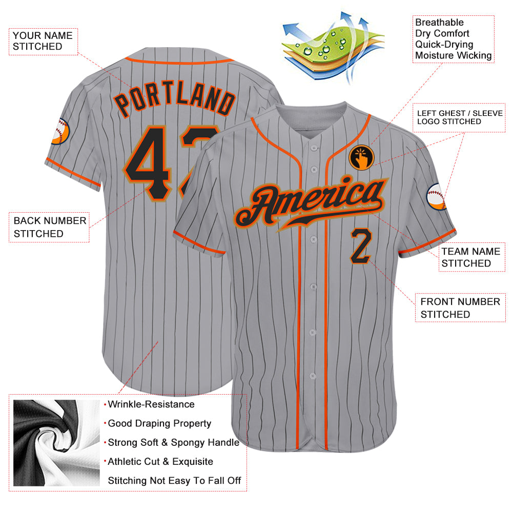 Custom Gray Black Pinstripe Black-Orange Authentic Baseball Jersey