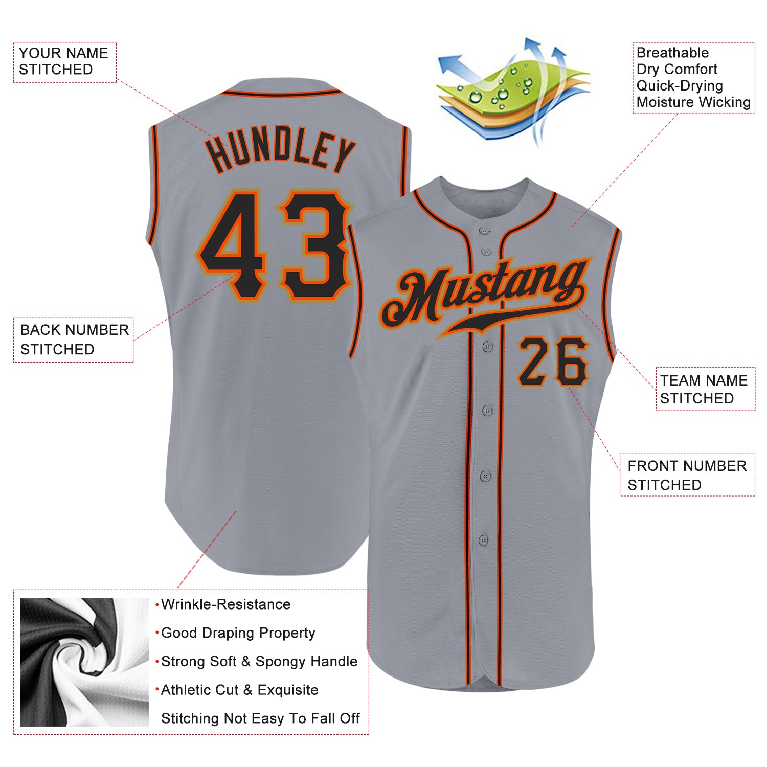 Custom Gray Black-Orange Authentic Sleeveless Baseball Jersey