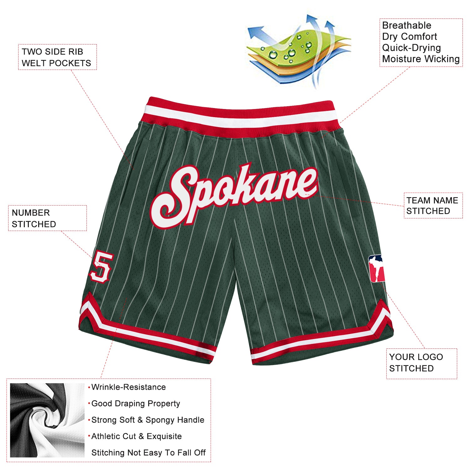 Custom Hunter Green White Pinstripe White-Red Authentic Basketball Shorts