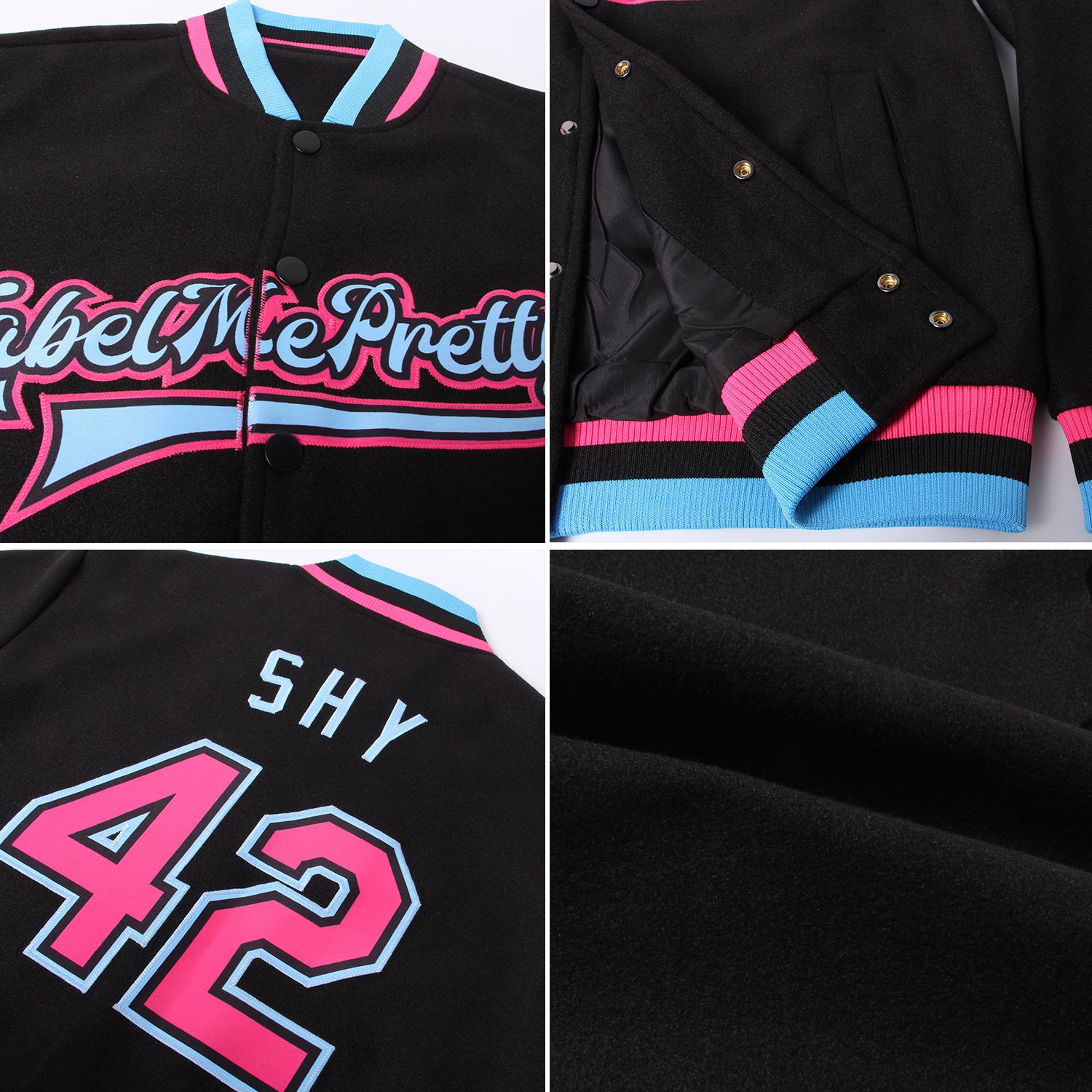 Custom Black Pink-Light Blue Bomber Full-Snap Varsity Letterman Jacket