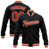 Custom Black Red-Cream Bomber Full-Snap Varsity Letterman Jacket