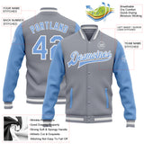 Custom Gray Light Blue-White Bomber Full-Snap Varsity Letterman Two Tone Jacket