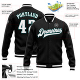 Custom Black White Gray-Midnight Green Bomber Full-Snap Varsity Letterman Jacket