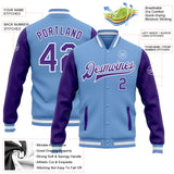 Custom Light Blue Purple-White Bomber Full-Snap Varsity Letterman Two Tone Jacket