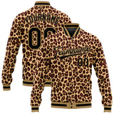 Custom Brown Black-Old Gold Leopard 3D Pattern Design Bomber Full-Snap Varsity Letterman Jacket