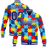 Custom Autism Awareness Puzzle Pieces Royal-White 3D Bomber Full-Snap Varsity Letterman Jacket