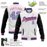 Custom White Light Blue Black-Pink Bomber Full-Snap Varsity Letterman Two Tone Jacket